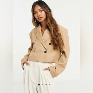 Topshop X ASOS Camel Strong-Shoulder Double-Breasted Cropped Blazer~Size 14~NWOT